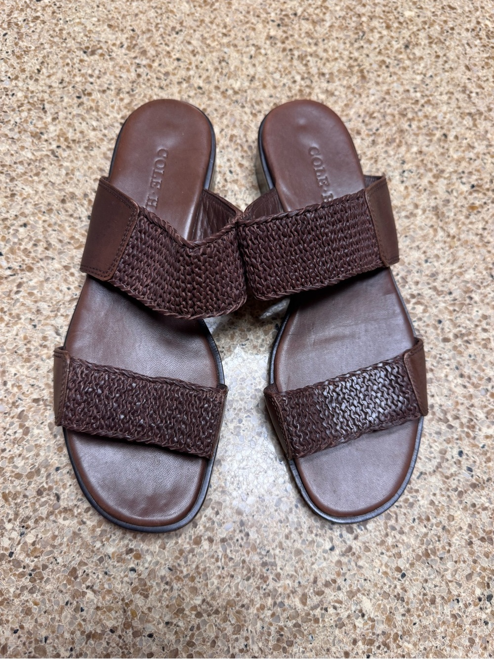 Cole Haan Brown Leather Woven Double-Strap Slide Sandals
